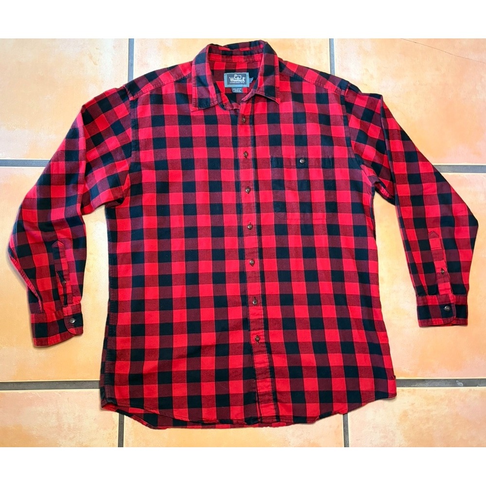Y2K Woolrich Large Trout Run Red and Black Buffalo Plaid Cotton Flannel Shirt
